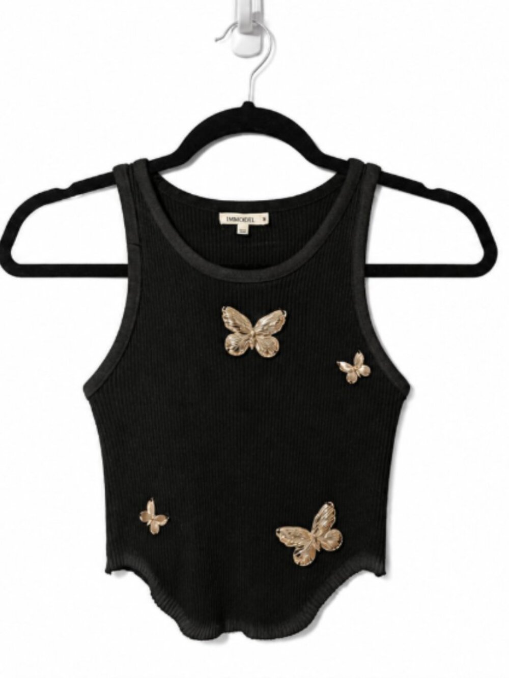 Black Ribbed TikTok Butterfly Crop Y2K Tank Glam Coquette Indie Fitted Top M